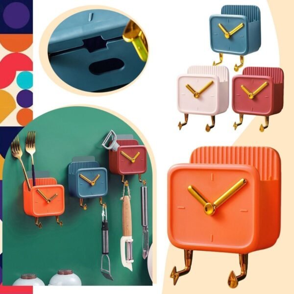 ⏰ Clock Shape Wall Mounted/Self Adhesive Storage Holder with 2 Hooks